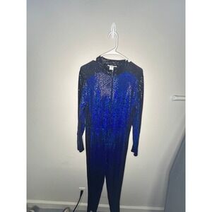K + Glam Blue Rhinestone Jumpsuit Plus Size 1X Zip Front Long Sleeve Disco Party